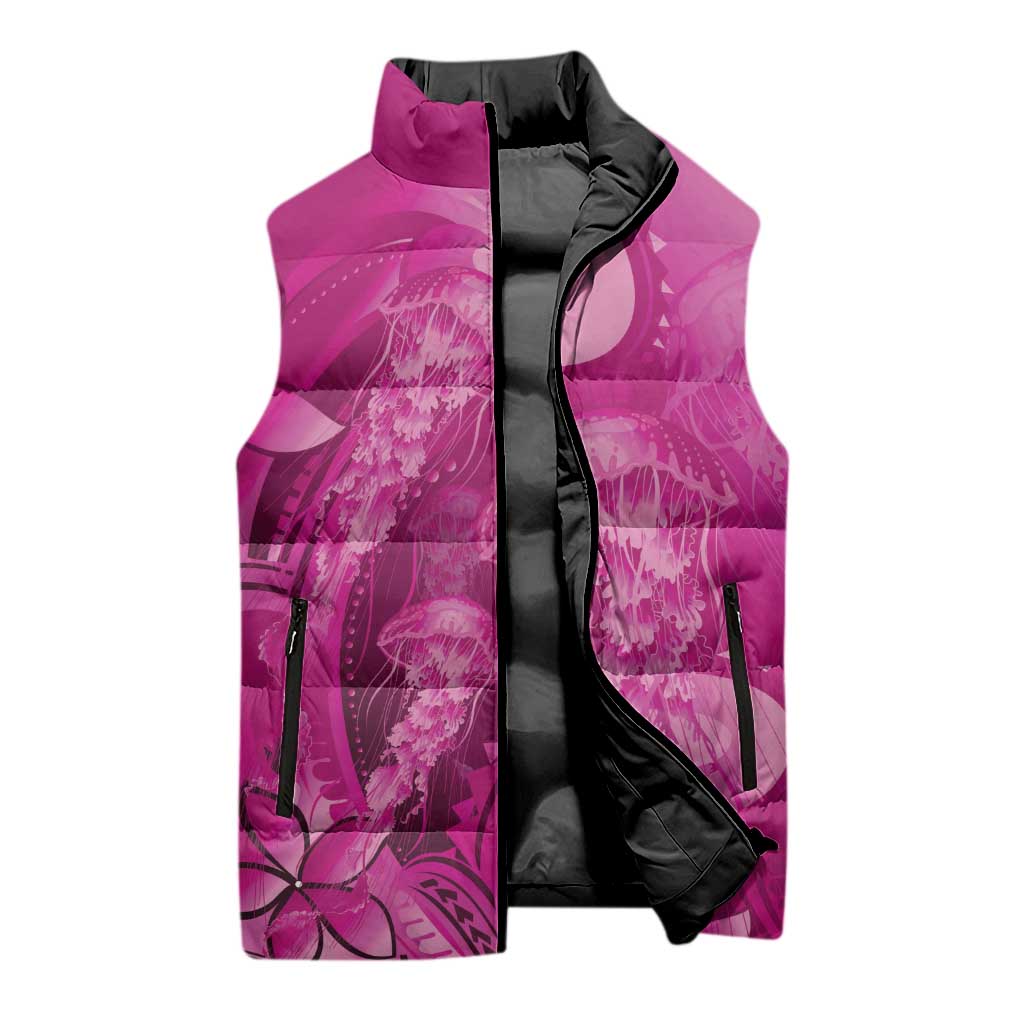 Pink Gradient Polynesia Jellyfish Sleeveless Puffer Jacket Plumeria Polynesian Tattoo Glowing Vibes
