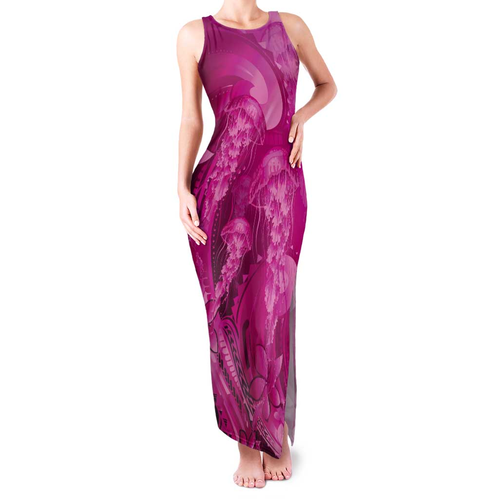 Pink Gradient Polynesia Jellyfish Tank Maxi Dress Plumeria Polynesian Tattoo Glowing Vibes