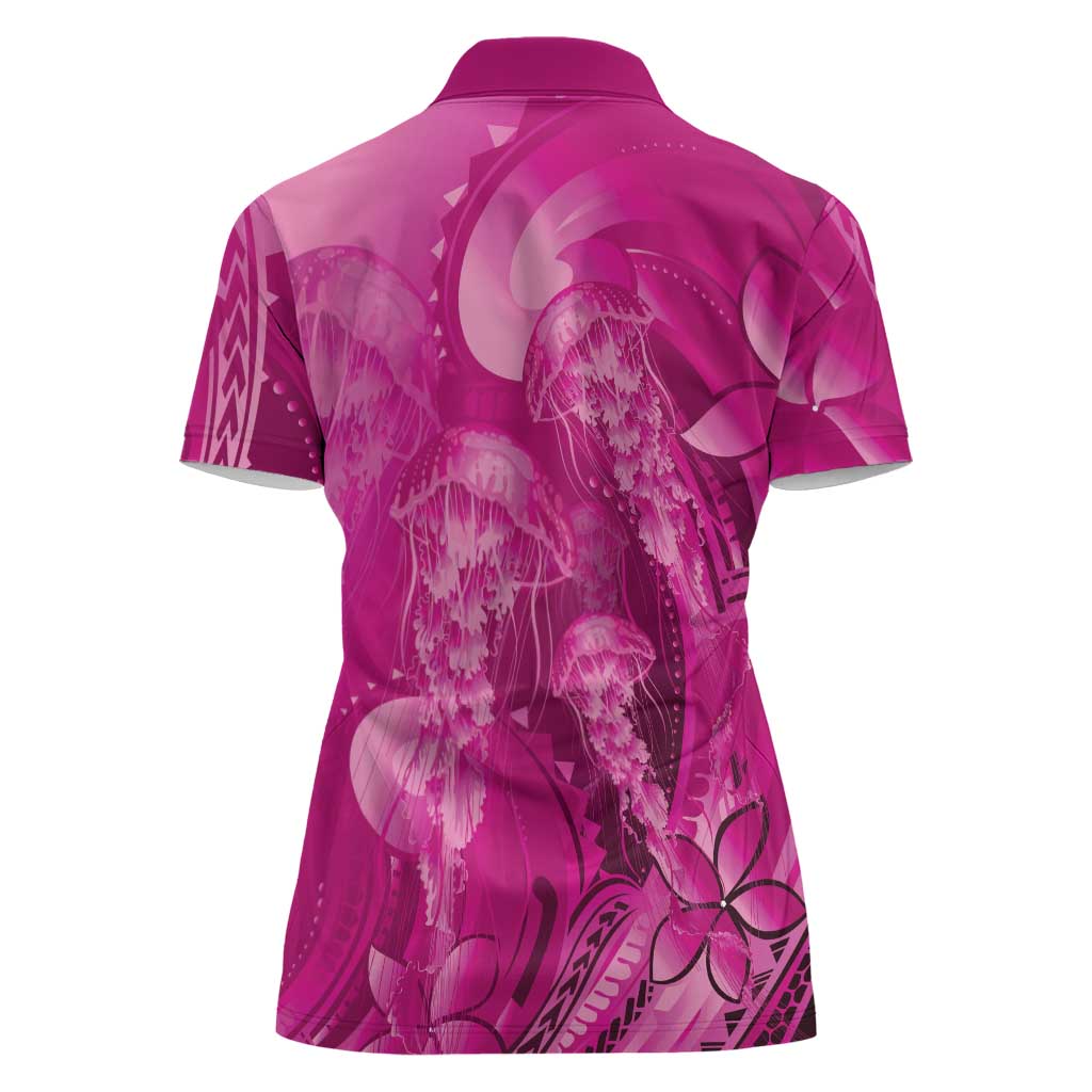 Pink Gradient Polynesia Jellyfish Women Polo Shirt Plumeria Polynesian Tattoo Glowing Vibes
