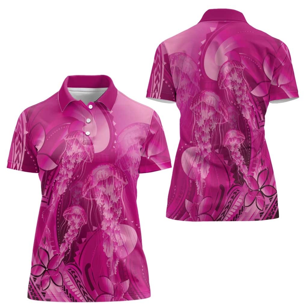 Pink Gradient Polynesia Jellyfish Women Polo Shirt Plumeria Polynesian Tattoo Glowing Vibes