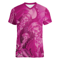 Pink Gradient Polynesia Jellyfish Women V-Neck T-Shirt Plumeria Polynesian Tattoo Glowing Vibes
