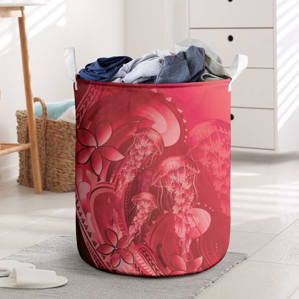 Red Gradient Polynesia Jellyfish Laundry Basket Plumeria Polynesian Tattoo Glowing Vibes