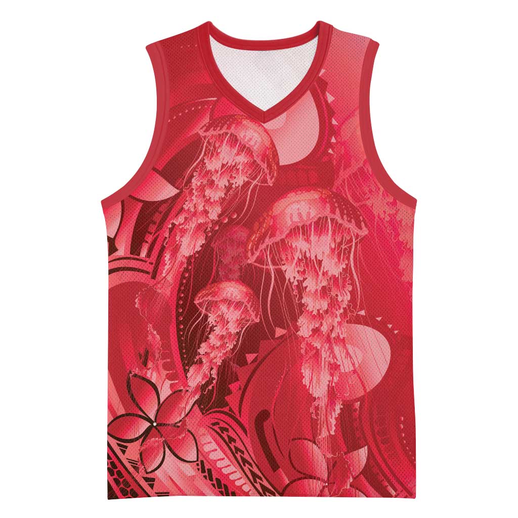 Red Gradient Polynesia Jellyfish Basketball Jersey Plumeria Polynesian Tattoo Glowing Vibes