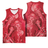 Red Gradient Polynesia Jellyfish Basketball Jersey Plumeria Polynesian Tattoo Glowing Vibes