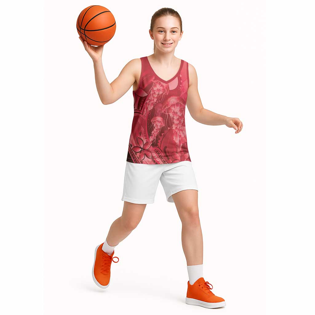 Red Gradient Polynesia Jellyfish Basketball Jersey Plumeria Polynesian Tattoo Glowing Vibes
