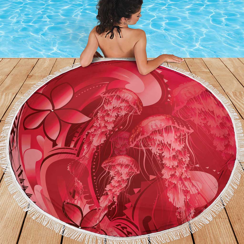 Red Gradient Polynesia Jellyfish Beach Blanket Plumeria Polynesian Tattoo Glowing Vibes