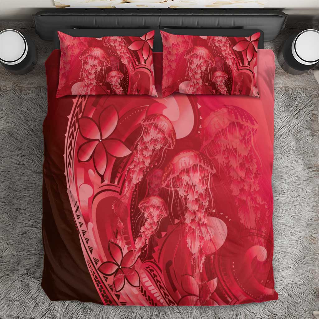 Red Gradient Polynesia Jellyfish Bedding Set Plumeria Polynesian Tattoo Glowing Vibes