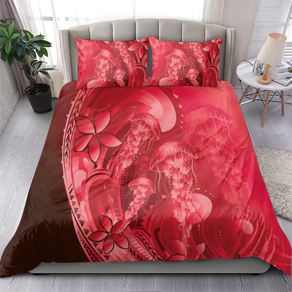 Red Gradient Polynesia Jellyfish Bedding Set Plumeria Polynesian Tattoo Glowing Vibes