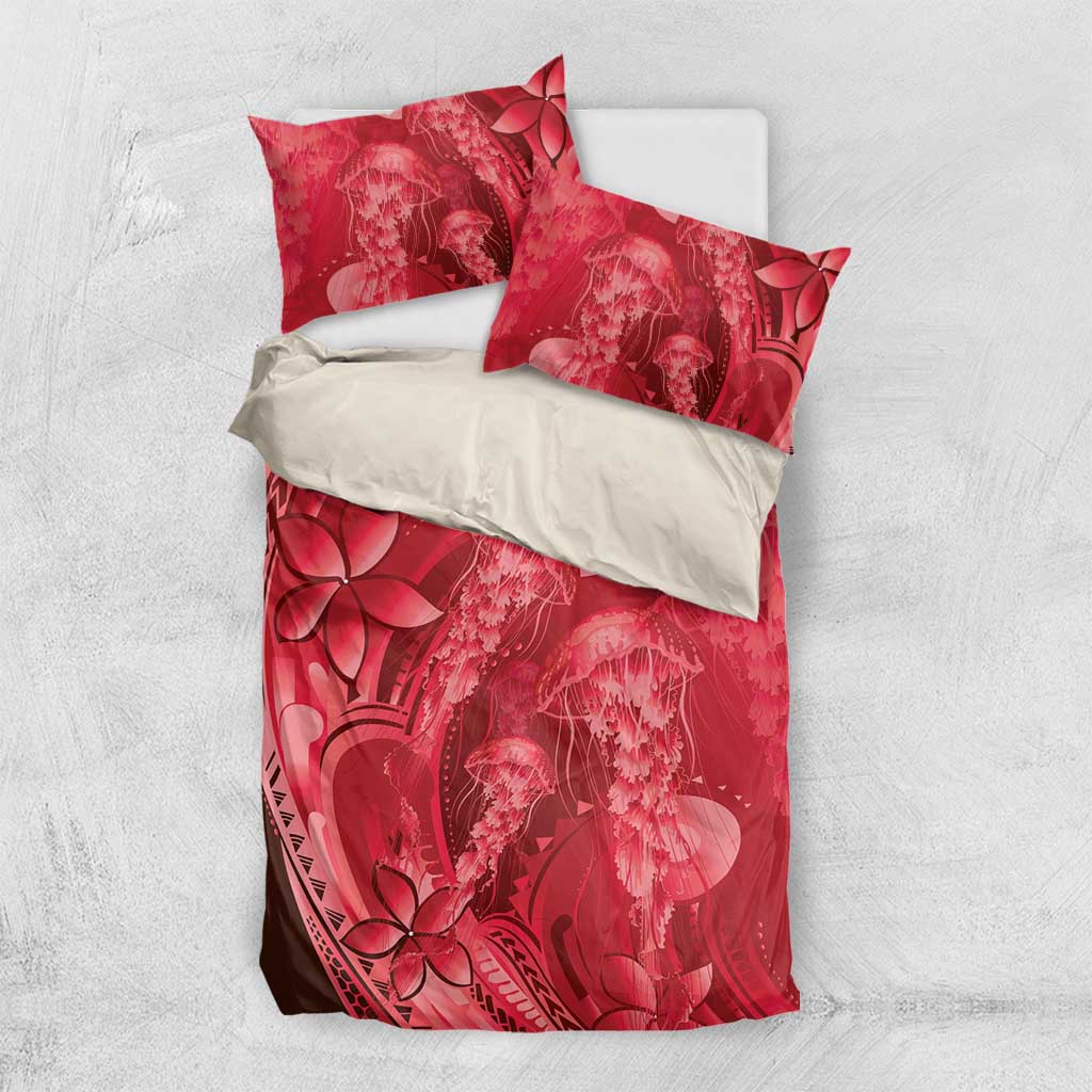 Red Gradient Polynesia Jellyfish Bedding Set Plumeria Polynesian Tattoo Glowing Vibes