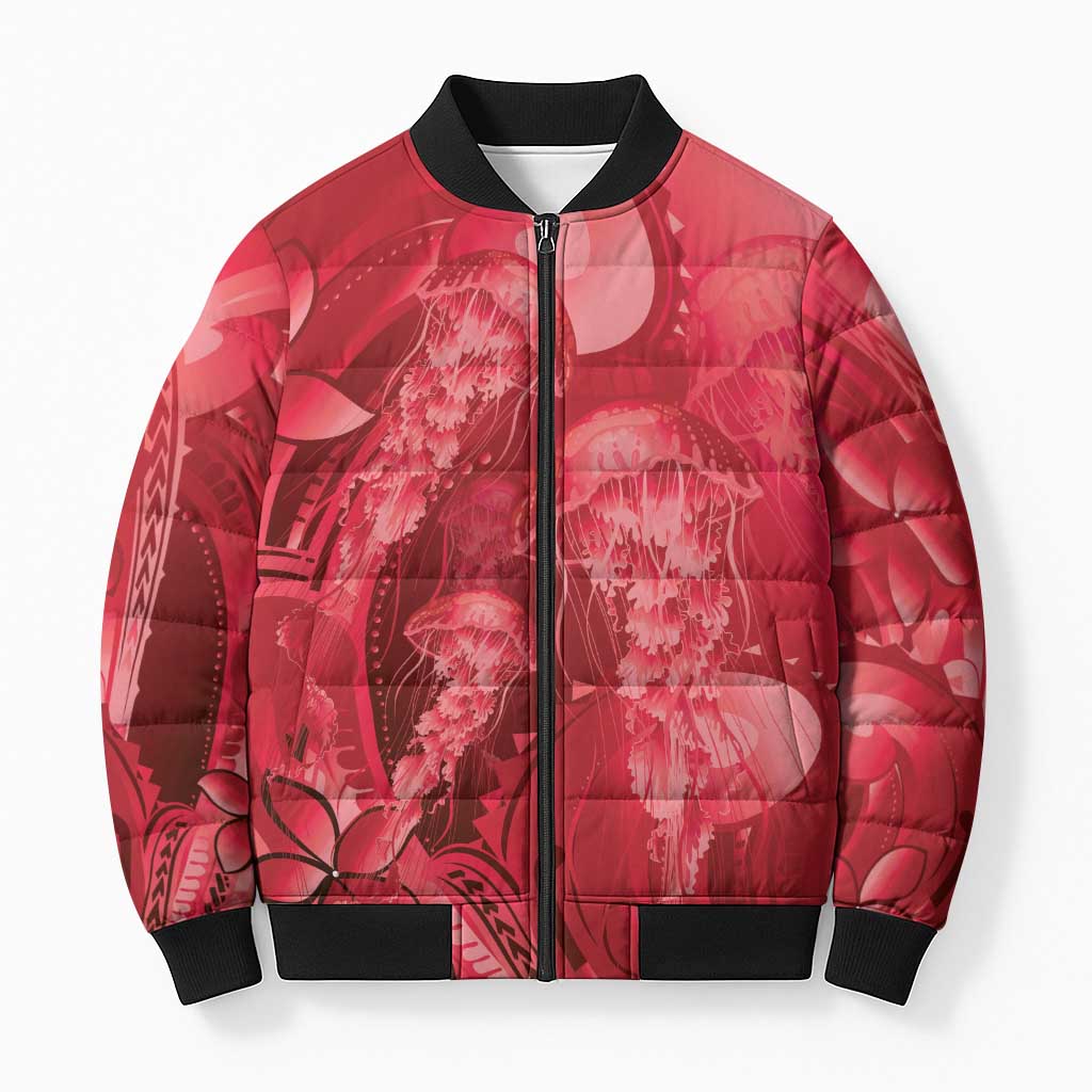 Red Gradient Polynesia Jellyfish Bomber Puffer Jacket Plumeria Polynesian Tattoo Glowing Vibes