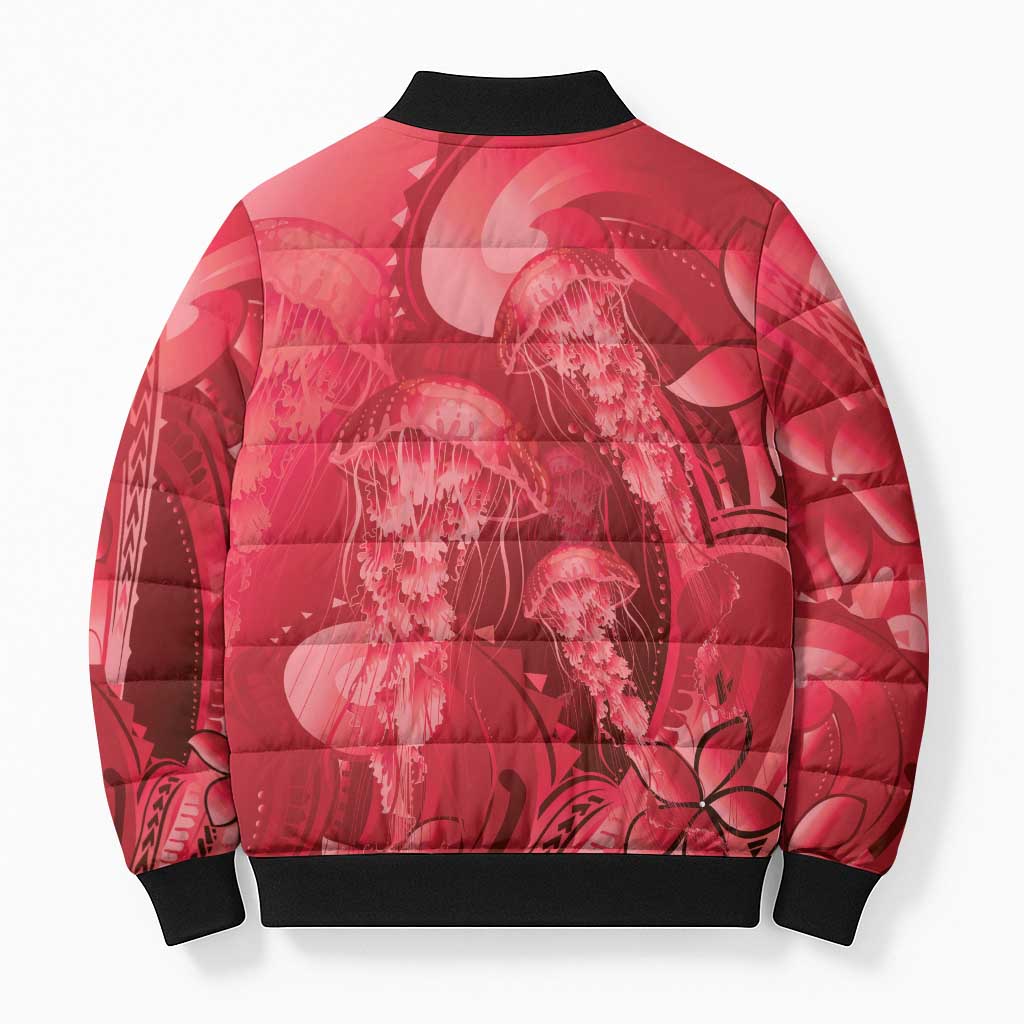 Red Gradient Polynesia Jellyfish Bomber Puffer Jacket Plumeria Polynesian Tattoo Glowing Vibes