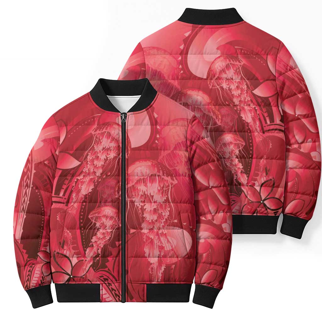 Red Gradient Polynesia Jellyfish Bomber Puffer Jacket Plumeria Polynesian Tattoo Glowing Vibes