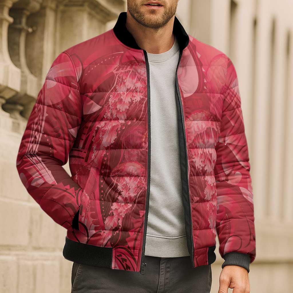 Red Gradient Polynesia Jellyfish Bomber Puffer Jacket Plumeria Polynesian Tattoo Glowing Vibes