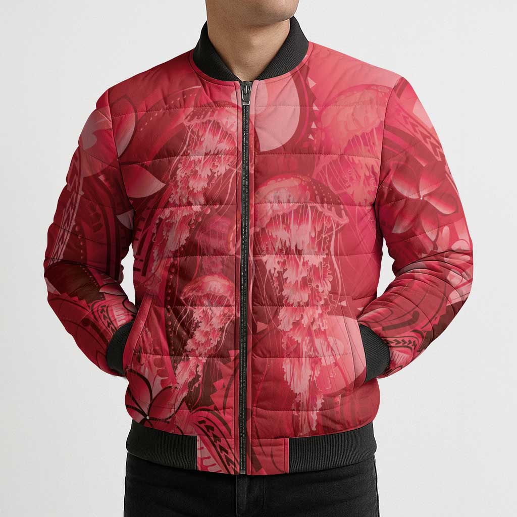 Red Gradient Polynesia Jellyfish Bomber Puffer Jacket Plumeria Polynesian Tattoo Glowing Vibes