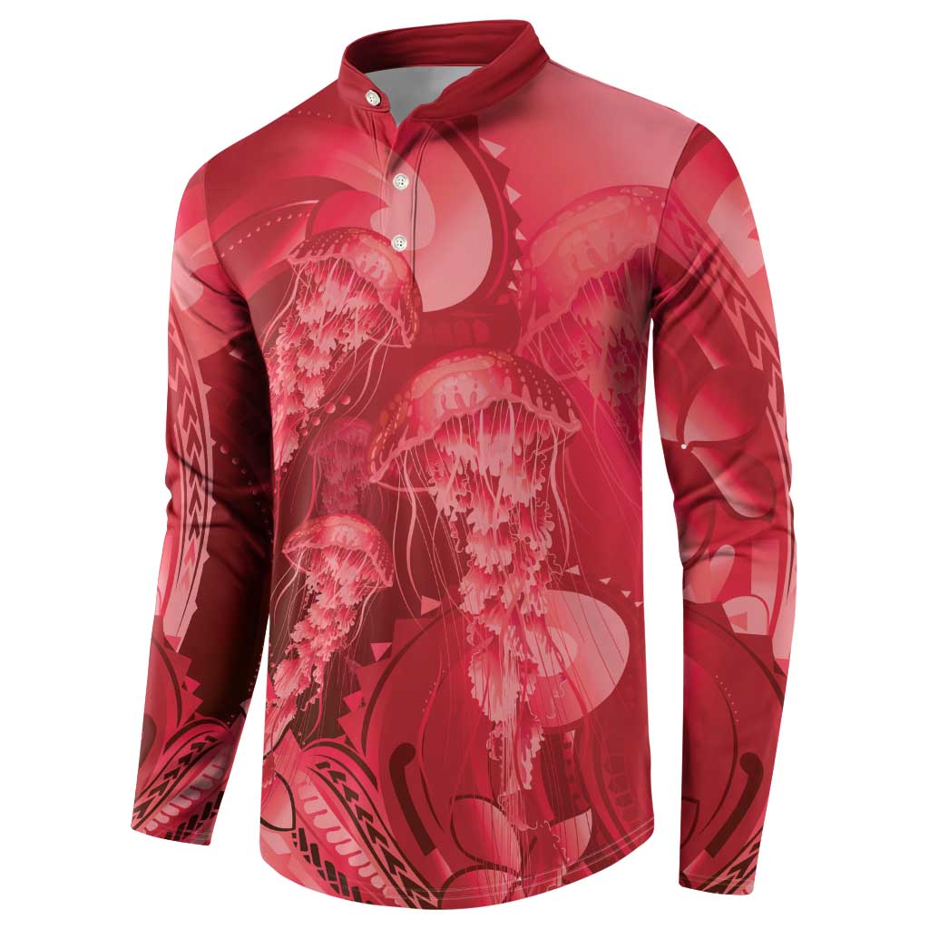 Red Gradient Polynesia Jellyfish Button Sweatshirt Plumeria Polynesian Tattoo Glowing Vibes