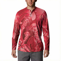 Red Gradient Polynesia Jellyfish Button Sweatshirt Plumeria Polynesian Tattoo Glowing Vibes