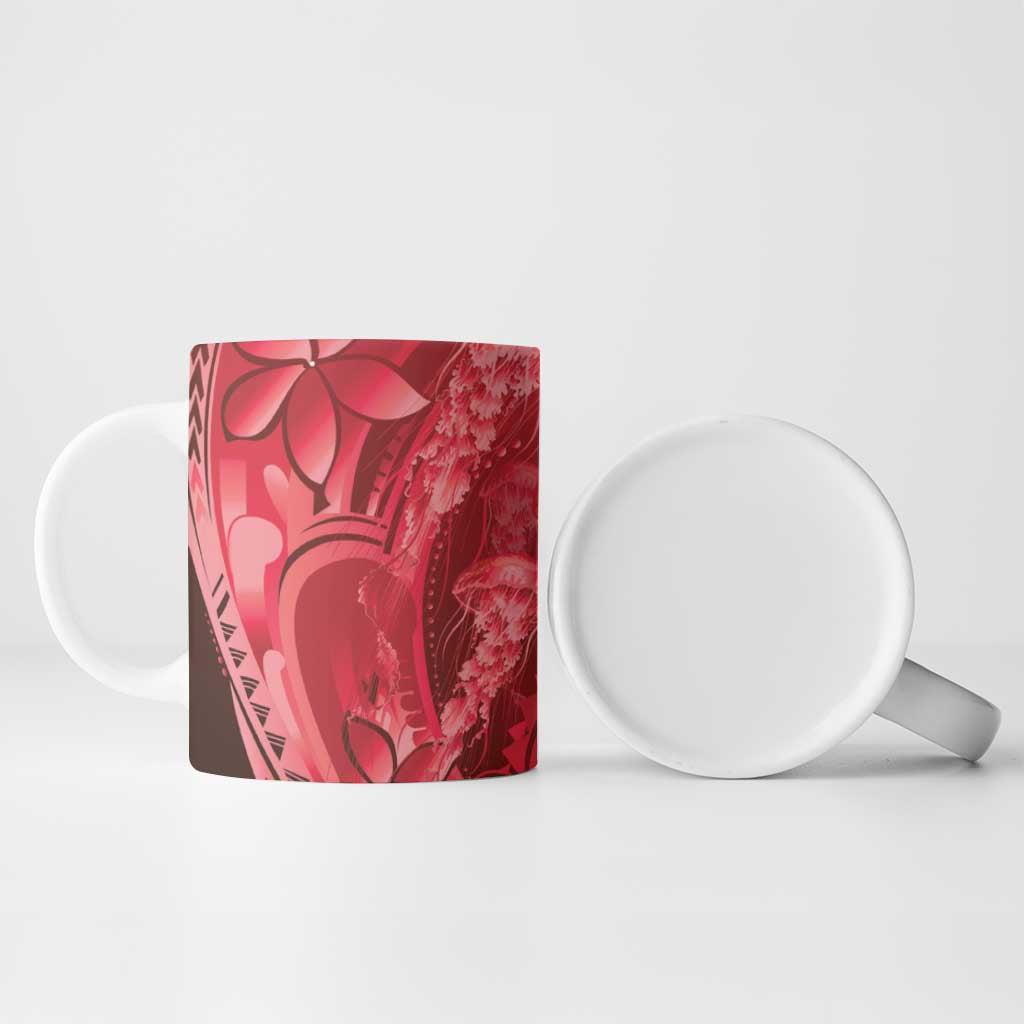 Red Gradient Polynesia Jellyfish Ceramic Mug Plumeria Polynesian Tattoo Glowing Vibes