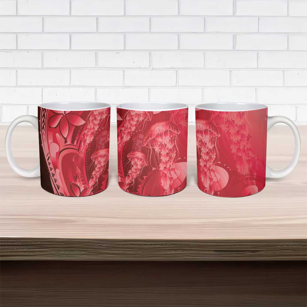 Red Gradient Polynesia Jellyfish Ceramic Mug Plumeria Polynesian Tattoo Glowing Vibes