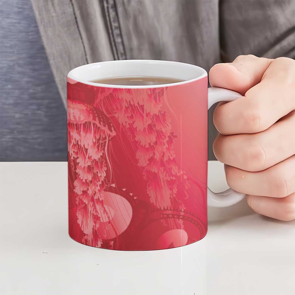Red Gradient Polynesia Jellyfish Ceramic Mug Plumeria Polynesian Tattoo Glowing Vibes