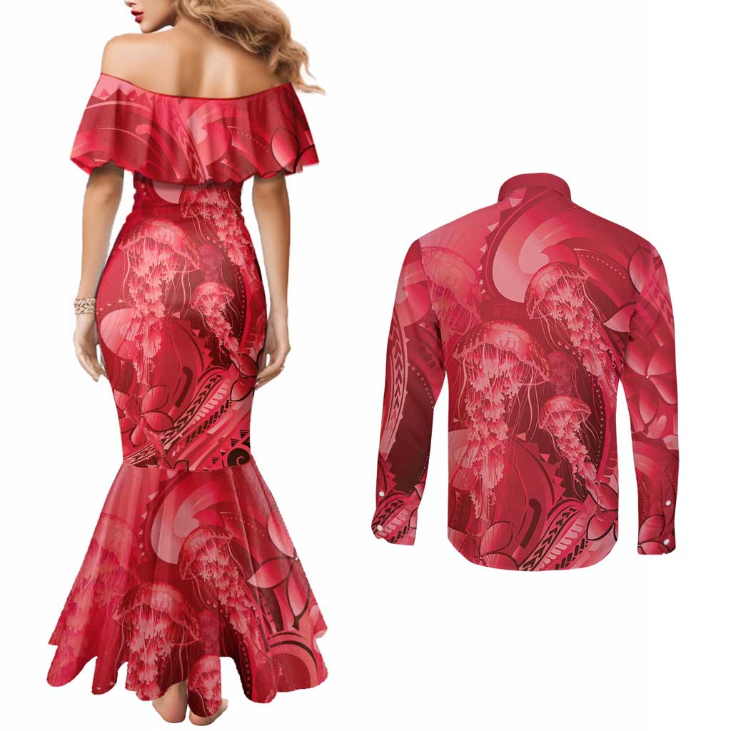 Red Gradient Polynesia Jellyfish Couples Matching Mermaid Dress and Long Sleeve Button Shirt Plumeria Polynesian Tattoo Glowing Vibes LT14 - Polynesian Pride