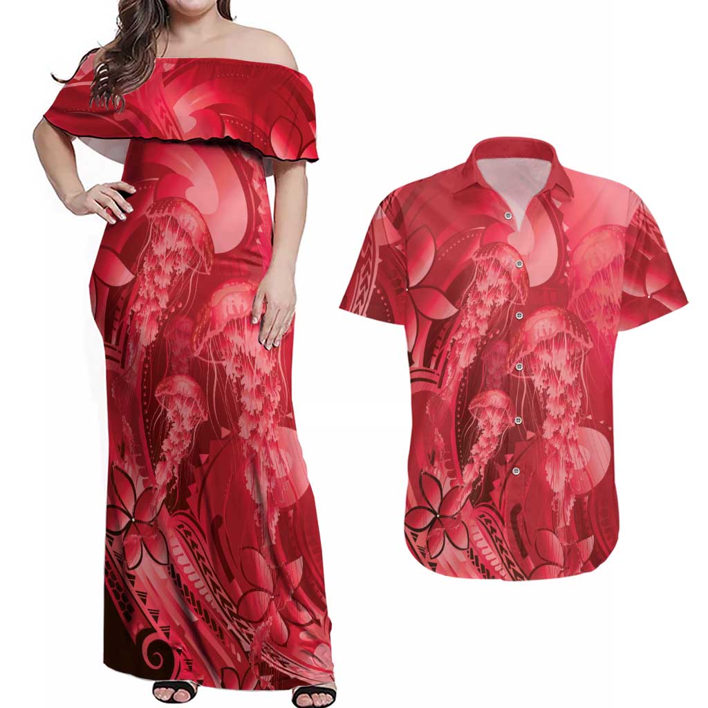 Red Gradient Polynesia Jellyfish Couples Matching Off Shoulder Maxi Dress and Hawaiian Shirt Plumeria Polynesian Tattoo Glowing Vibes LT14 Red - Polynesian Pride