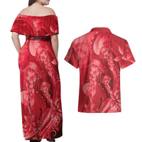 Red Gradient Polynesia Jellyfish Couples Matching Off Shoulder Maxi Dress and Hawaiian Shirt Plumeria Polynesian Tattoo Glowing Vibes LT14 - Polynesian Pride