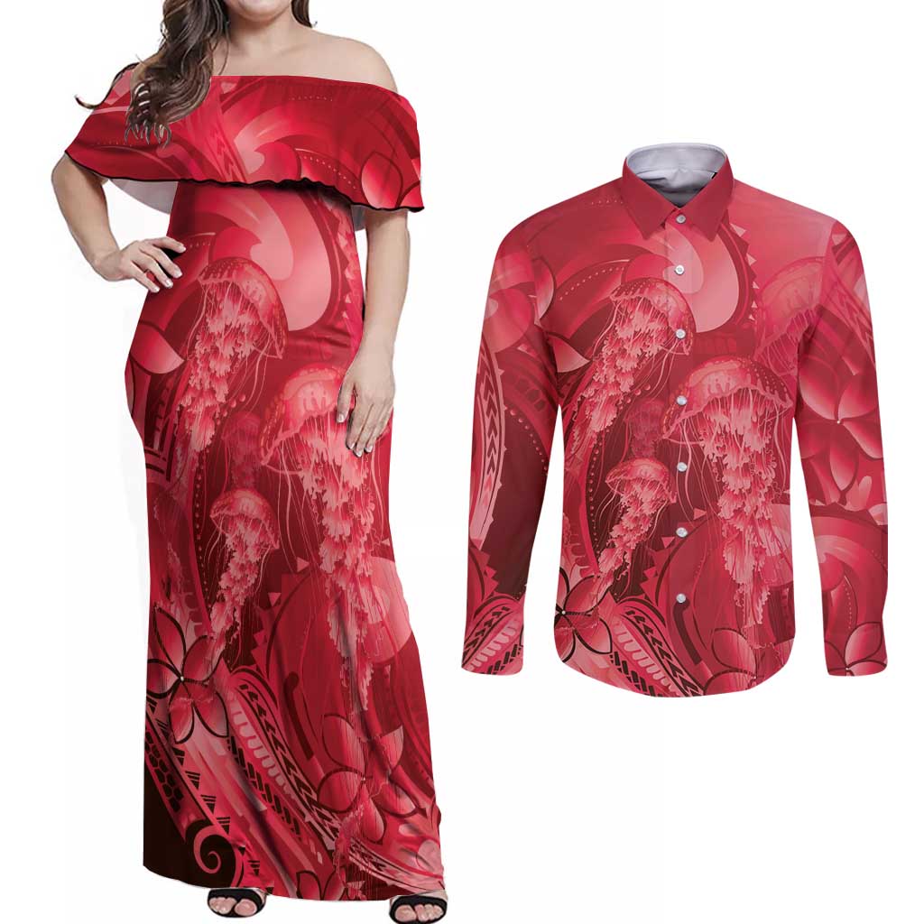 Red Gradient Polynesia Jellyfish Couples Matching Off Shoulder Maxi Dress and Long Sleeve Button Shirt Plumeria Polynesian Tattoo Glowing Vibes