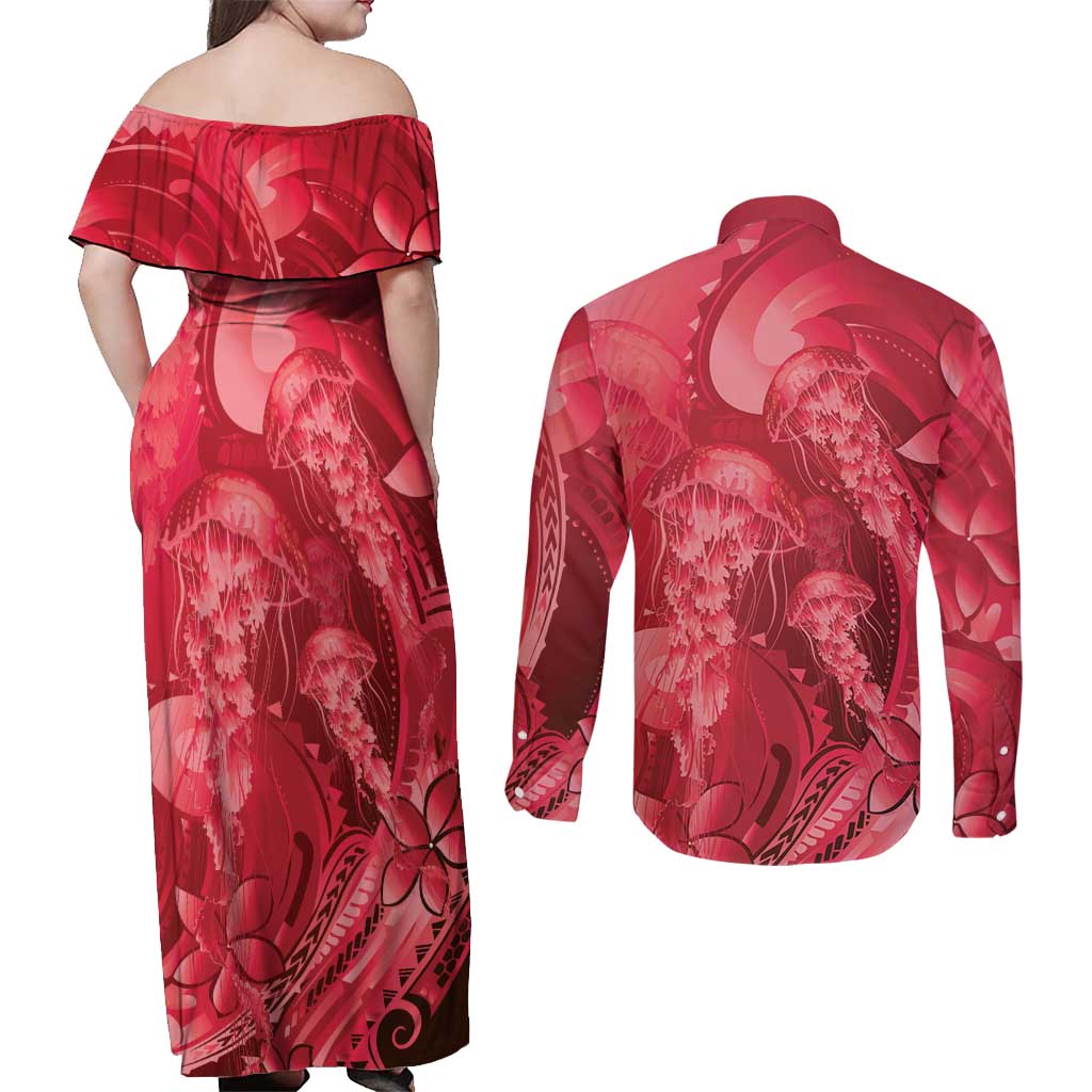 Red Gradient Polynesia Jellyfish Couples Matching Off Shoulder Maxi Dress and Long Sleeve Button Shirt Plumeria Polynesian Tattoo Glowing Vibes