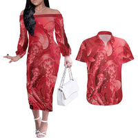 Red Gradient Polynesia Jellyfish Couples Matching Off The Shoulder Long Sleeve Dress and Hawaiian Shirt Plumeria Polynesian Tattoo Glowing Vibes LT14 Red - Polynesian Pride