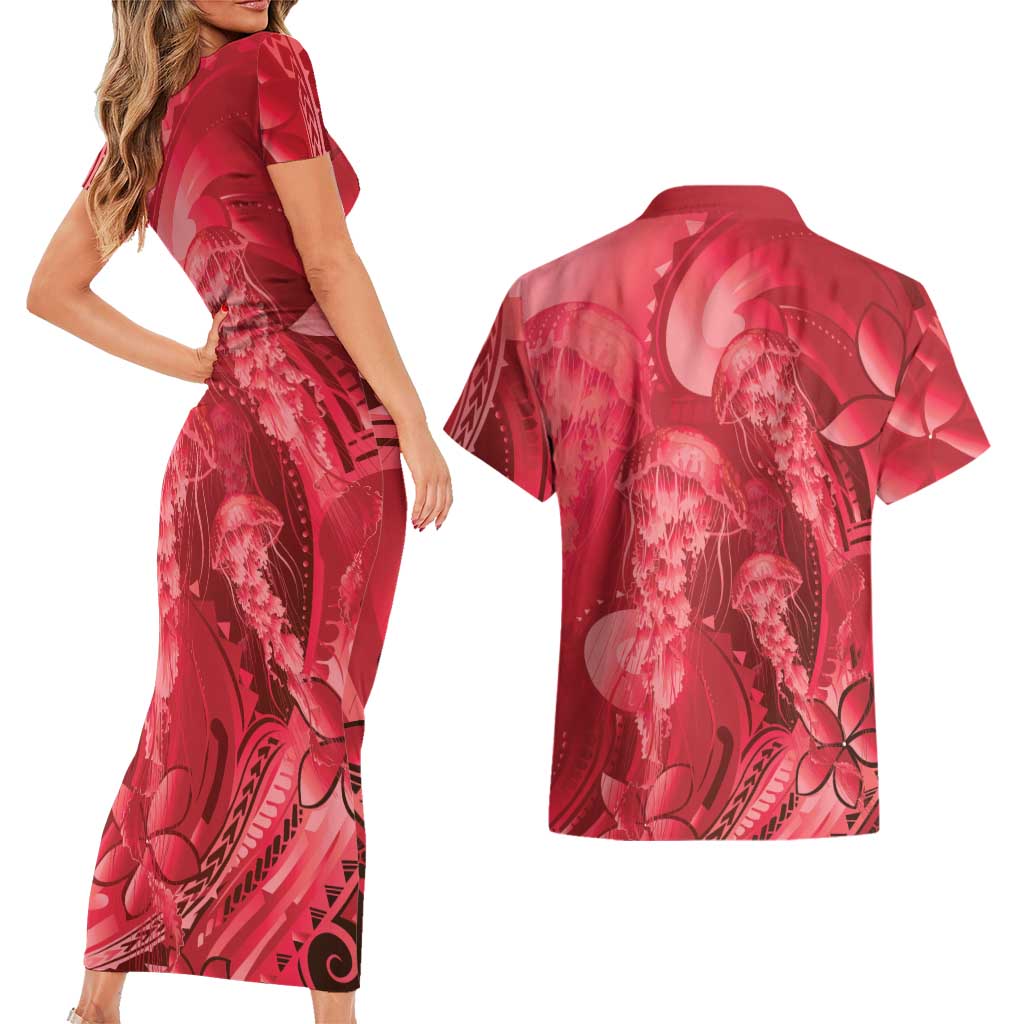 Red Gradient Polynesia Jellyfish Couples Matching Short Sleeve Bodycon Dress and Hawaiian Shirt Plumeria Polynesian Tattoo Glowing Vibes LT14 - Polynesian Pride