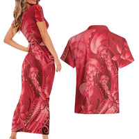Red Gradient Polynesia Jellyfish Couples Matching Short Sleeve Bodycon Dress and Hawaiian Shirt Plumeria Polynesian Tattoo Glowing Vibes LT14 - Polynesian Pride