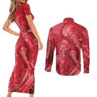 Red Gradient Polynesia Jellyfish Couples Matching Short Sleeve Bodycon Dress and Long Sleeve Button Shirt Plumeria Polynesian Tattoo Glowing Vibes LT14 - Polynesian Pride