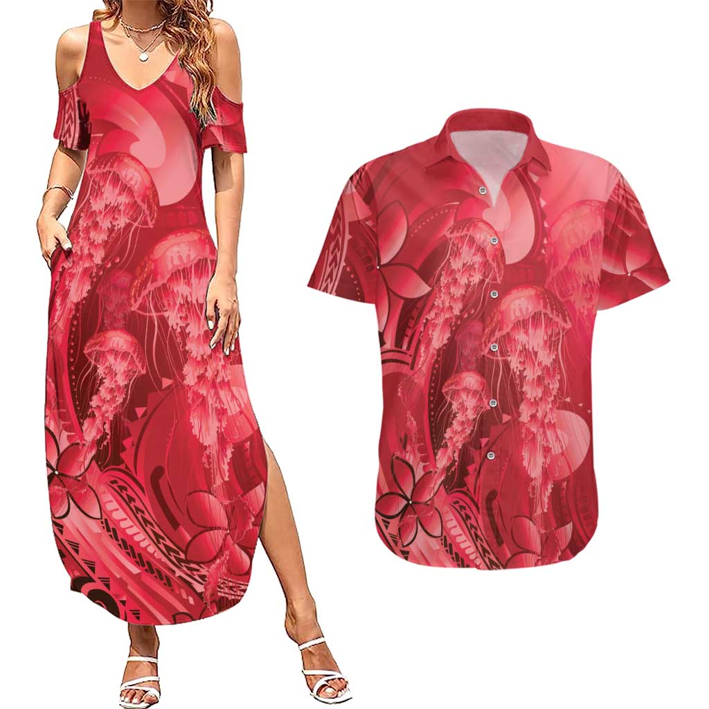 Red Gradient Polynesia Jellyfish Couples Matching Summer Maxi Dress and Hawaiian Shirt Plumeria Polynesian Tattoo Glowing Vibes