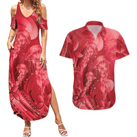 Red Gradient Polynesia Jellyfish Couples Matching Summer Maxi Dress and Hawaiian Shirt Plumeria Polynesian Tattoo Glowing Vibes