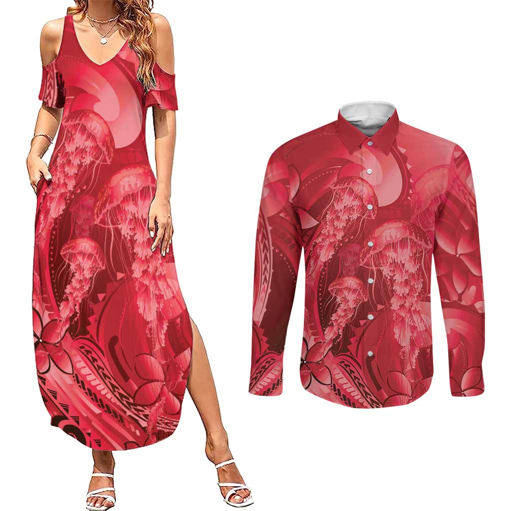 Red Gradient Polynesia Jellyfish Couples Matching Summer Maxi Dress and Long Sleeve Button Shirt Plumeria Polynesian Tattoo Glowing Vibes