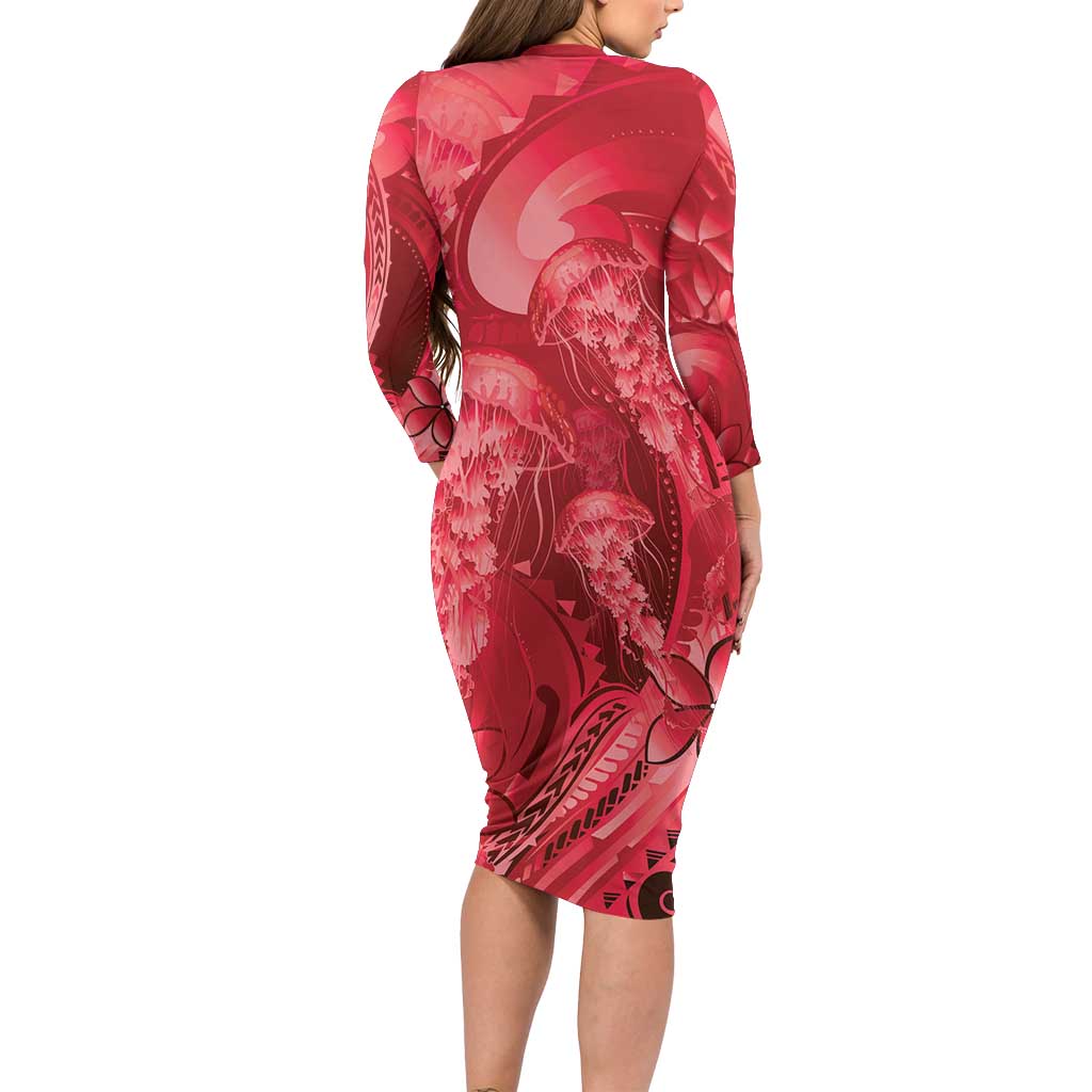 Red Gradient Polynesia Jellyfish Family Matching Long Sleeve Bodycon Dress and Hawaiian Shirt Plumeria Polynesian Tattoo Glowing Vibes