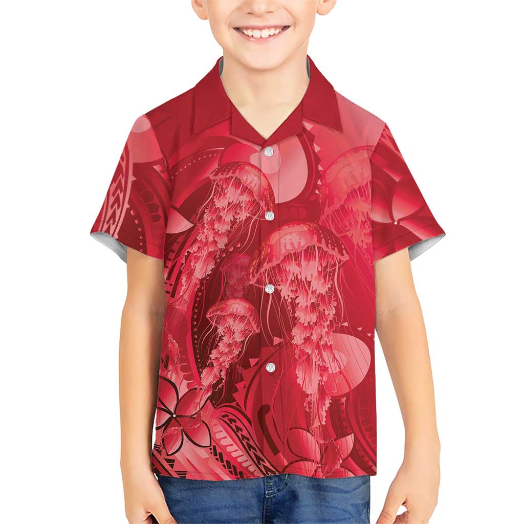 Red Gradient Polynesia Jellyfish Family Matching Long Sleeve Bodycon Dress and Hawaiian Shirt Plumeria Polynesian Tattoo Glowing Vibes