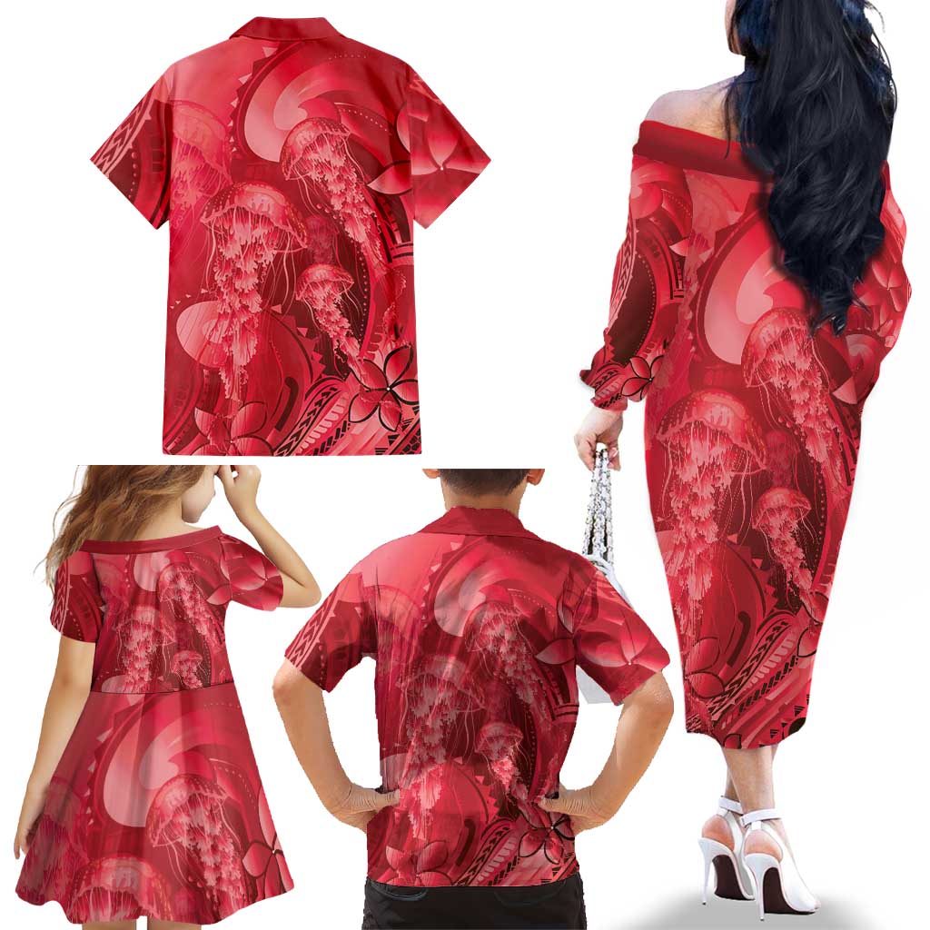 Red Gradient Polynesia Jellyfish Family Matching Off The Shoulder Long Sleeve Dress and Hawaiian Shirt Plumeria Polynesian Tattoo Glowing Vibes