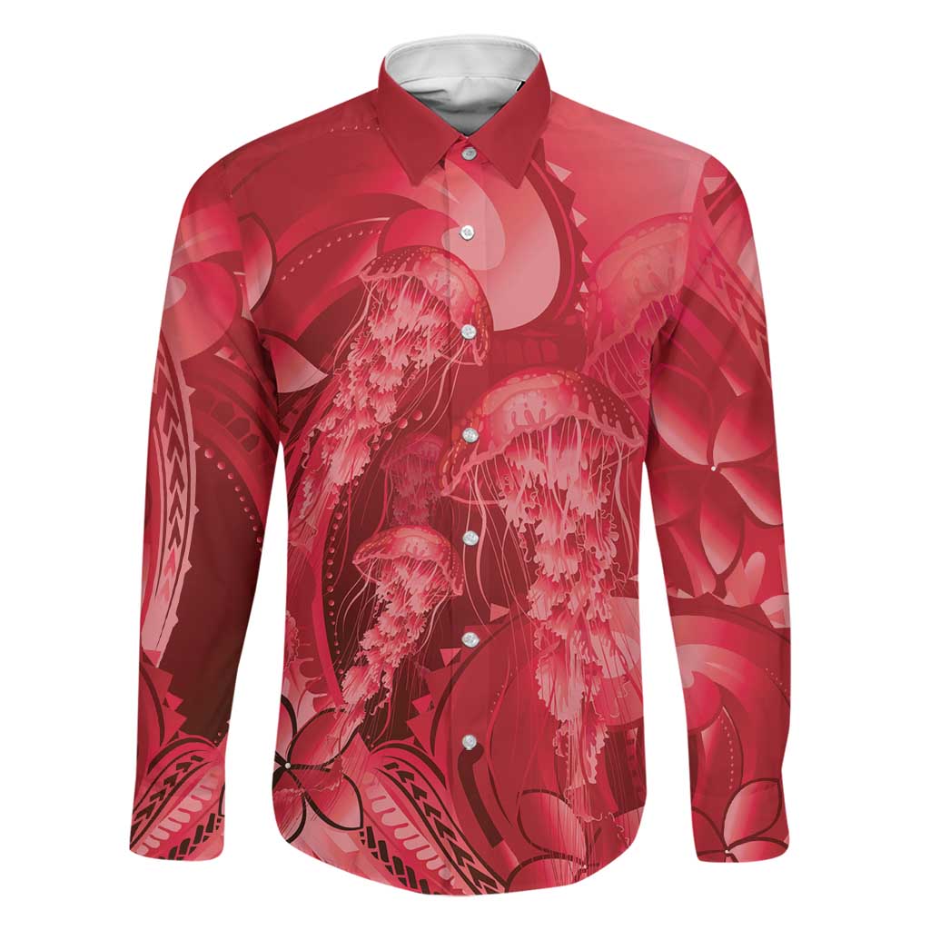Red Gradient Polynesia Jellyfish Family Matching Off The Shoulder Long Sleeve Dress and Hawaiian Shirt Plumeria Polynesian Tattoo Glowing Vibes