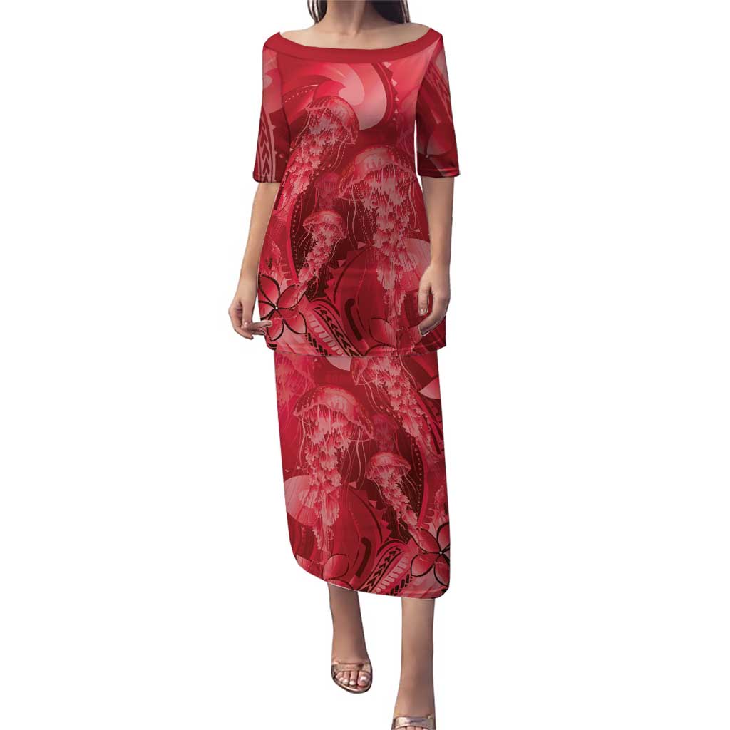 Red Gradient Polynesia Jellyfish Family Matching Puletasi and Hawaiian Shirt Plumeria Polynesian Tattoo Glowing Vibes LT14 Mom's Dress Red - Polynesian Pride
