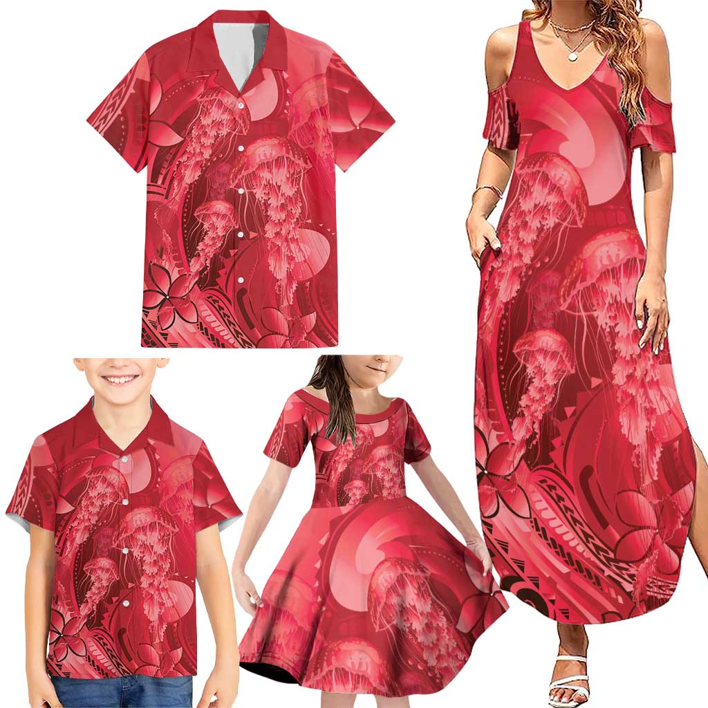 Red Gradient Polynesia Jellyfish Family Matching Summer Maxi Dress and Hawaiian Shirt Plumeria Polynesian Tattoo Glowing Vibes LT14 - Polynesian Pride