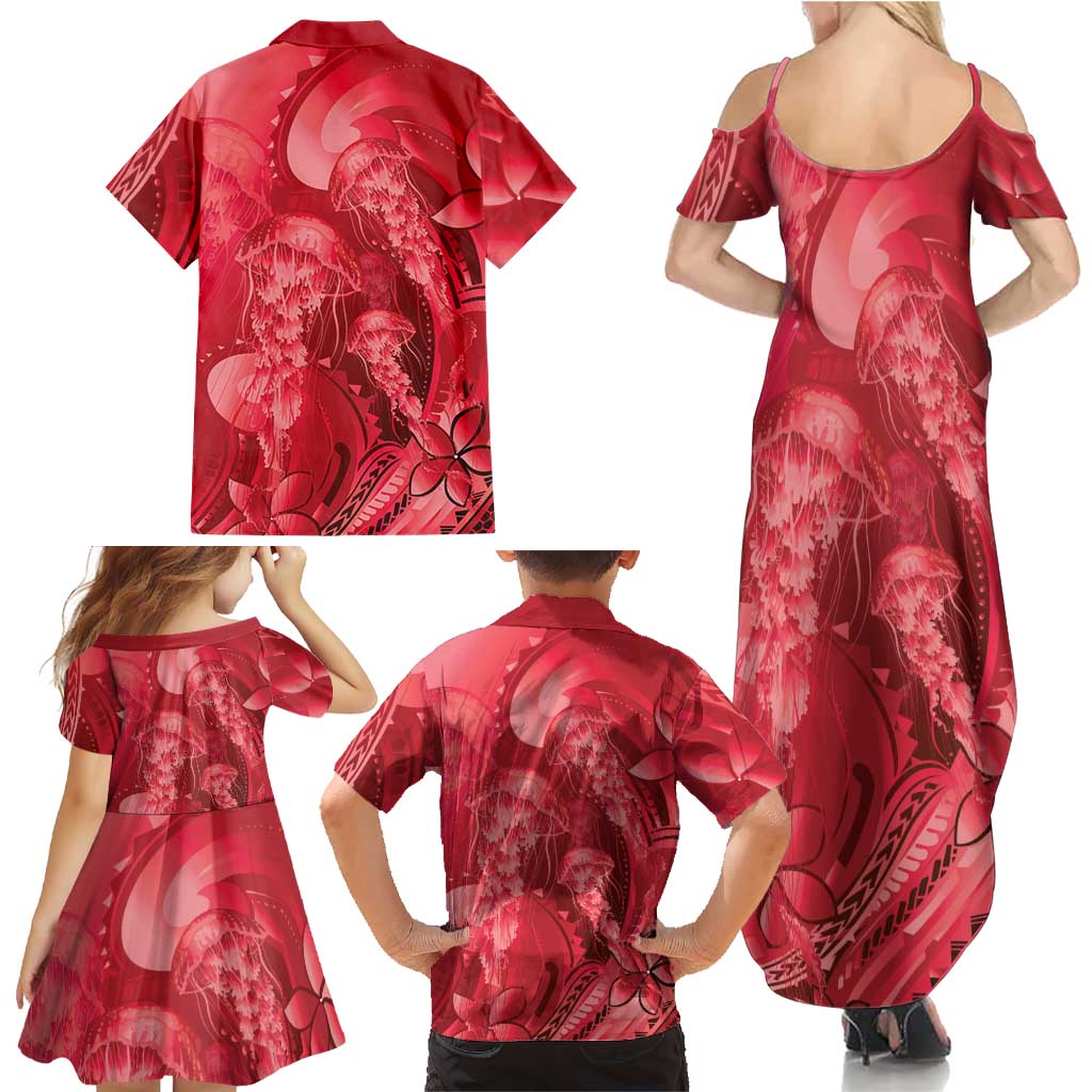 Red Gradient Polynesia Jellyfish Family Matching Summer Maxi Dress and Hawaiian Shirt Plumeria Polynesian Tattoo Glowing Vibes LT14 - Polynesian Pride