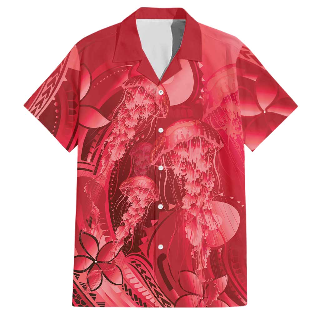 Red Gradient Polynesia Jellyfish Family Matching Summer Maxi Dress and Hawaiian Shirt Plumeria Polynesian Tattoo Glowing Vibes LT14 Dad's Shirt - Short Sleeve Red - Polynesian Pride