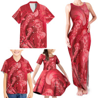 Red Gradient Polynesia Jellyfish Family Matching Tank Maxi Dress and Hawaiian Shirt Plumeria Polynesian Tattoo Glowing Vibes