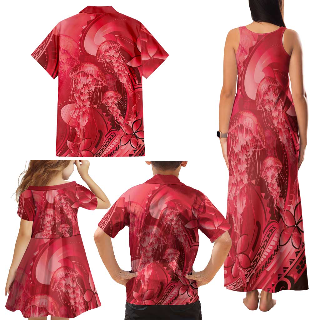 Red Gradient Polynesia Jellyfish Family Matching Tank Maxi Dress and Hawaiian Shirt Plumeria Polynesian Tattoo Glowing Vibes