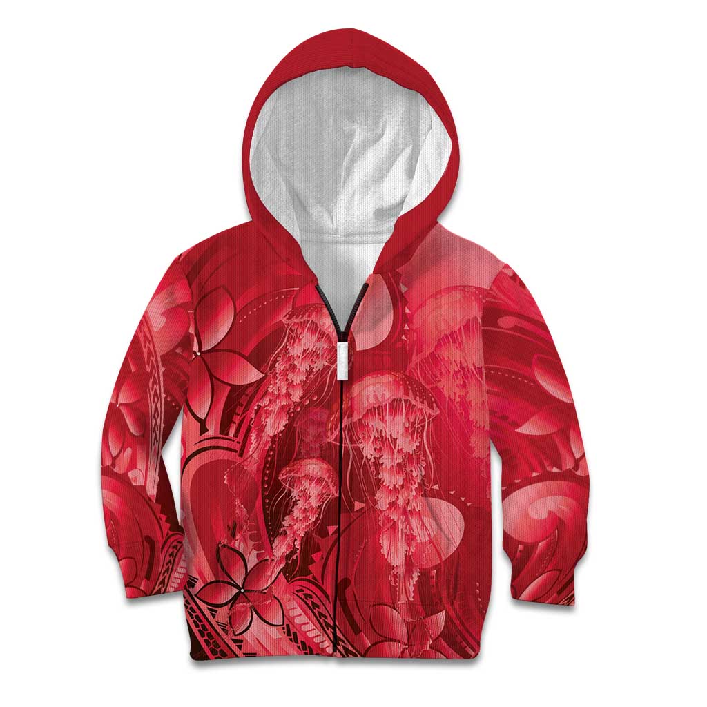Red Gradient Polynesia Jellyfish Kid Hoodie Plumeria Polynesian Tattoo Glowing Vibes