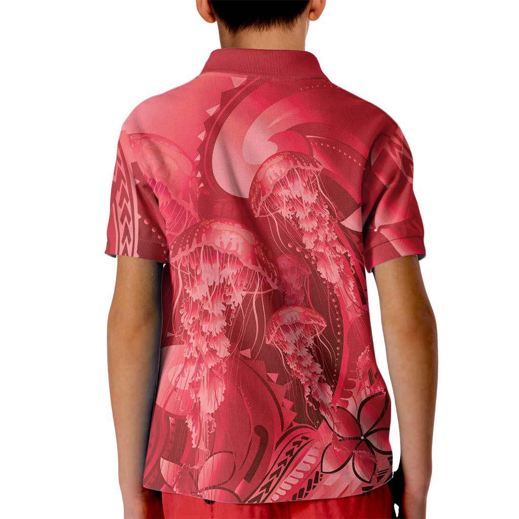 Red Gradient Polynesia Jellyfish Kid Polo Shirt Plumeria Polynesian Tattoo Glowing Vibes