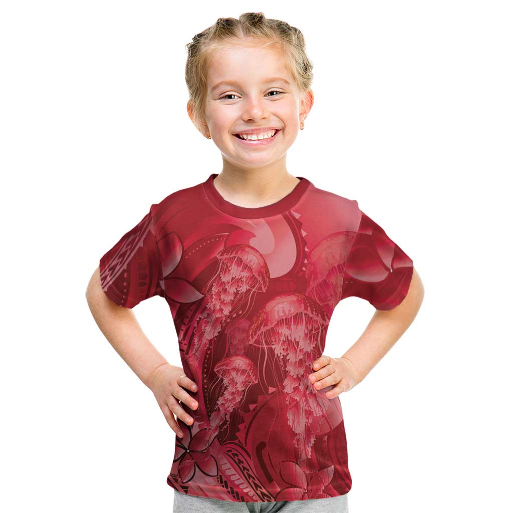 Red Gradient Polynesia Jellyfish Kid T Shirt Plumeria Polynesian Tattoo Glowing Vibes