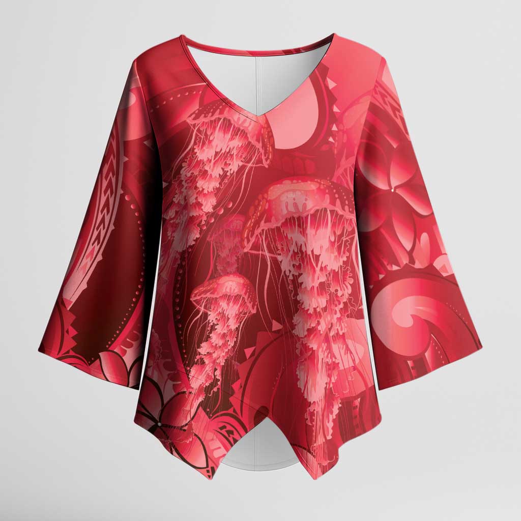 Red Gradient Polynesia Jellyfish Kimono Sleeve Blouse Plumeria Polynesian Tattoo Glowing Vibes