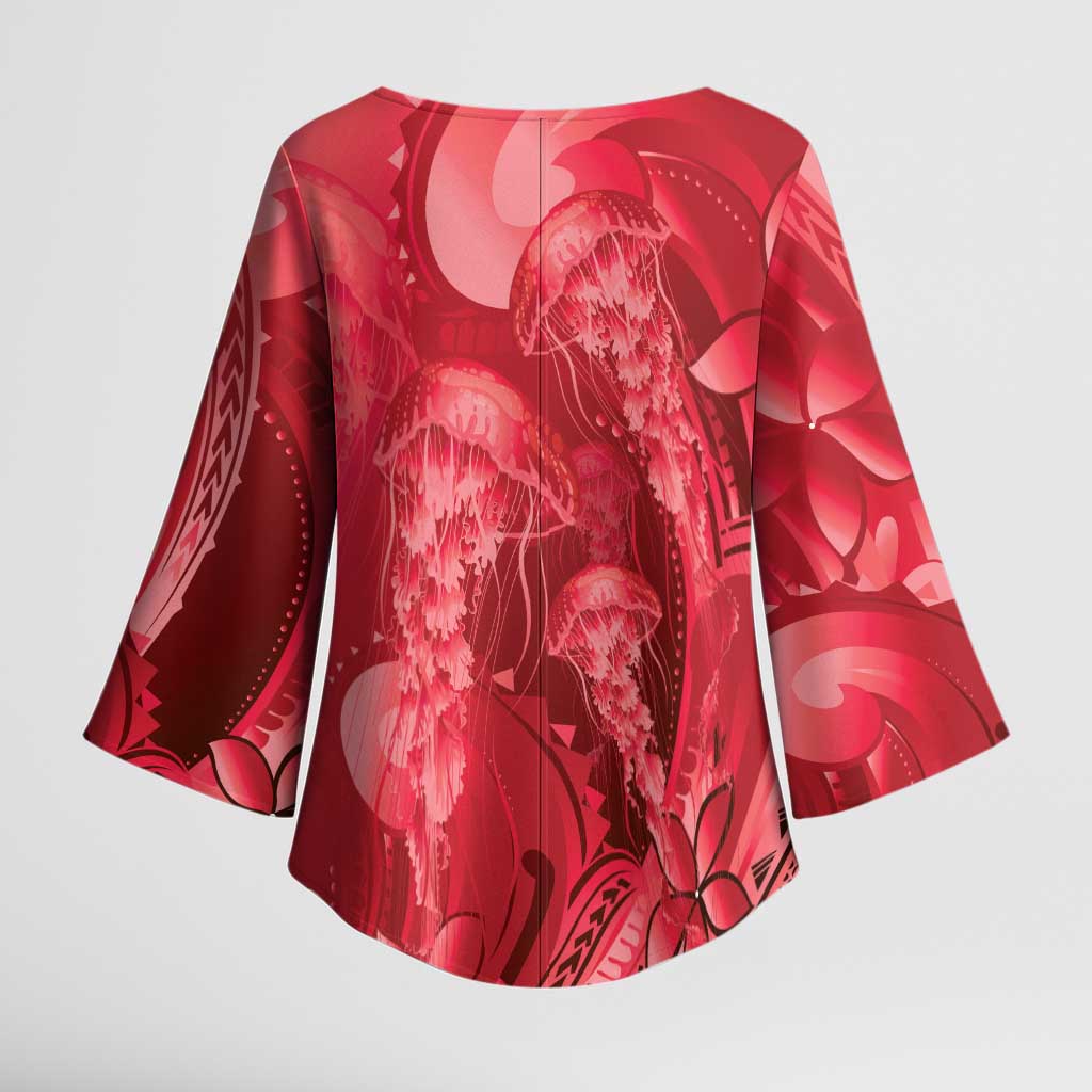 Red Gradient Polynesia Jellyfish Kimono Sleeve Blouse Plumeria Polynesian Tattoo Glowing Vibes